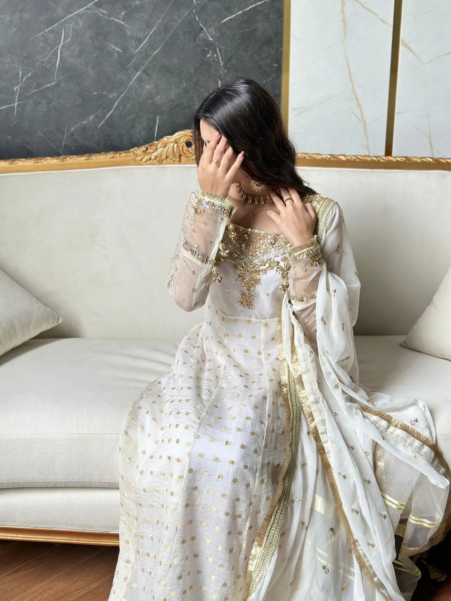Jamawar Chiffon Handwork – Ivory Gold Luxe