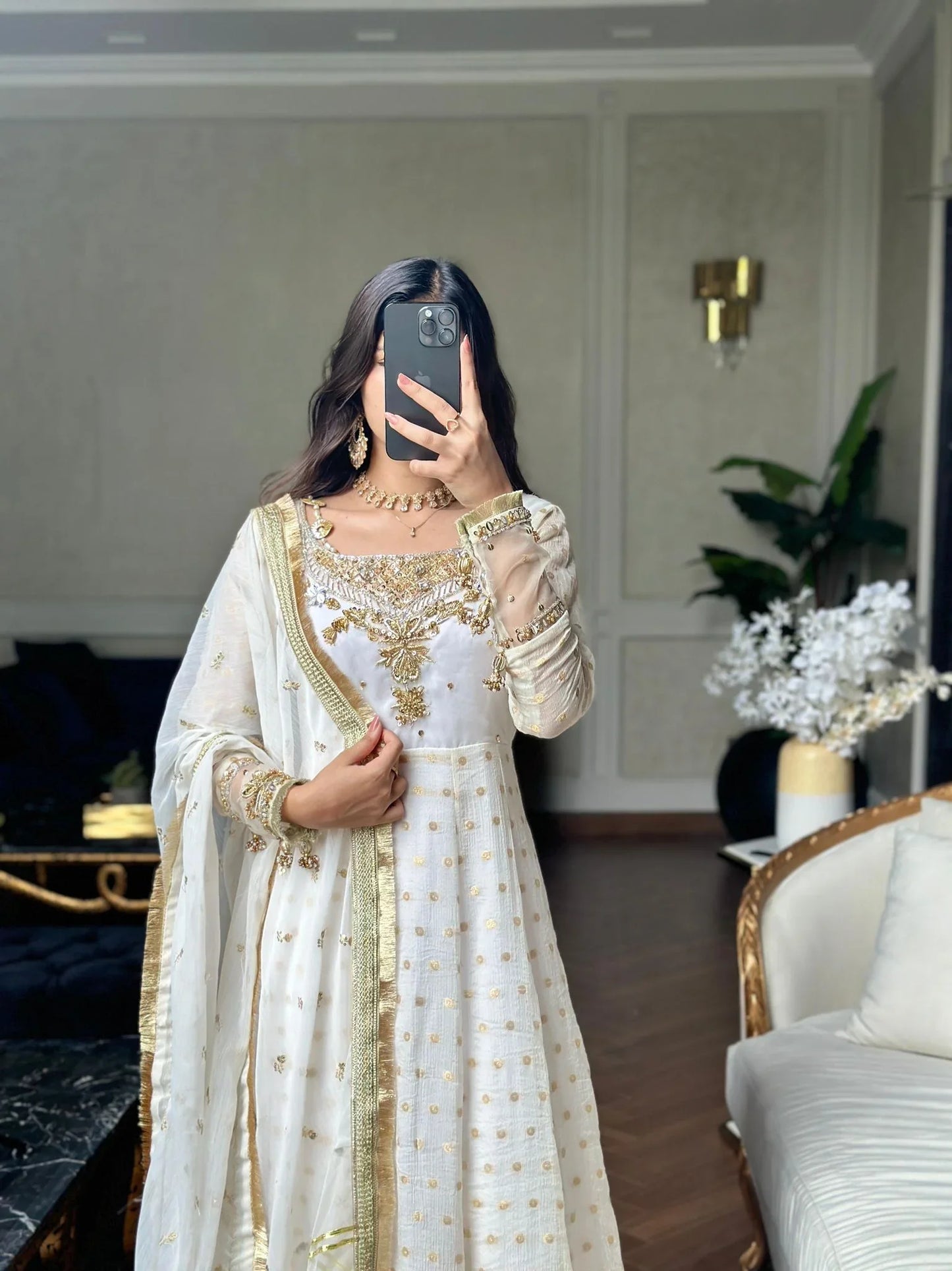 Jamawar Chiffon Handwork – Ivory Gold Luxe