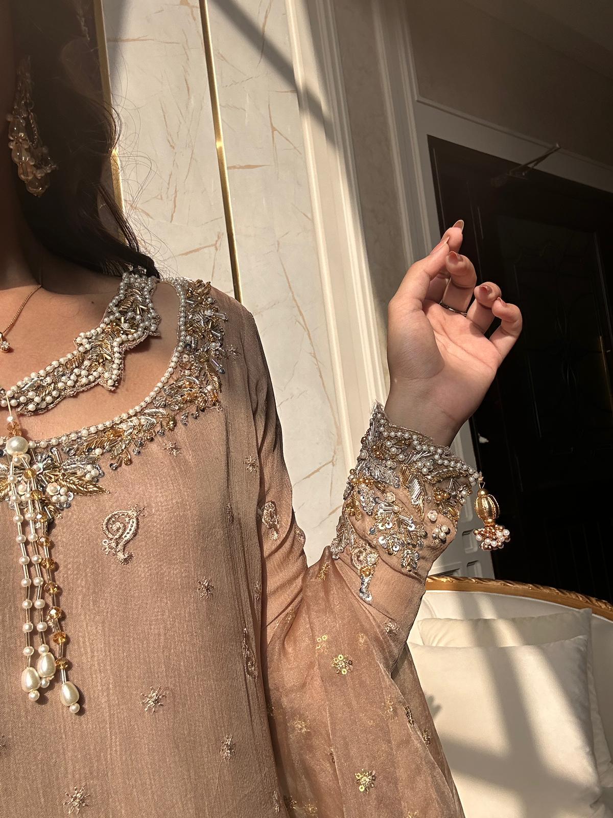 Elegant Nude Beige Embellished Net Anarkali Suit with Pleated Gold Skirt