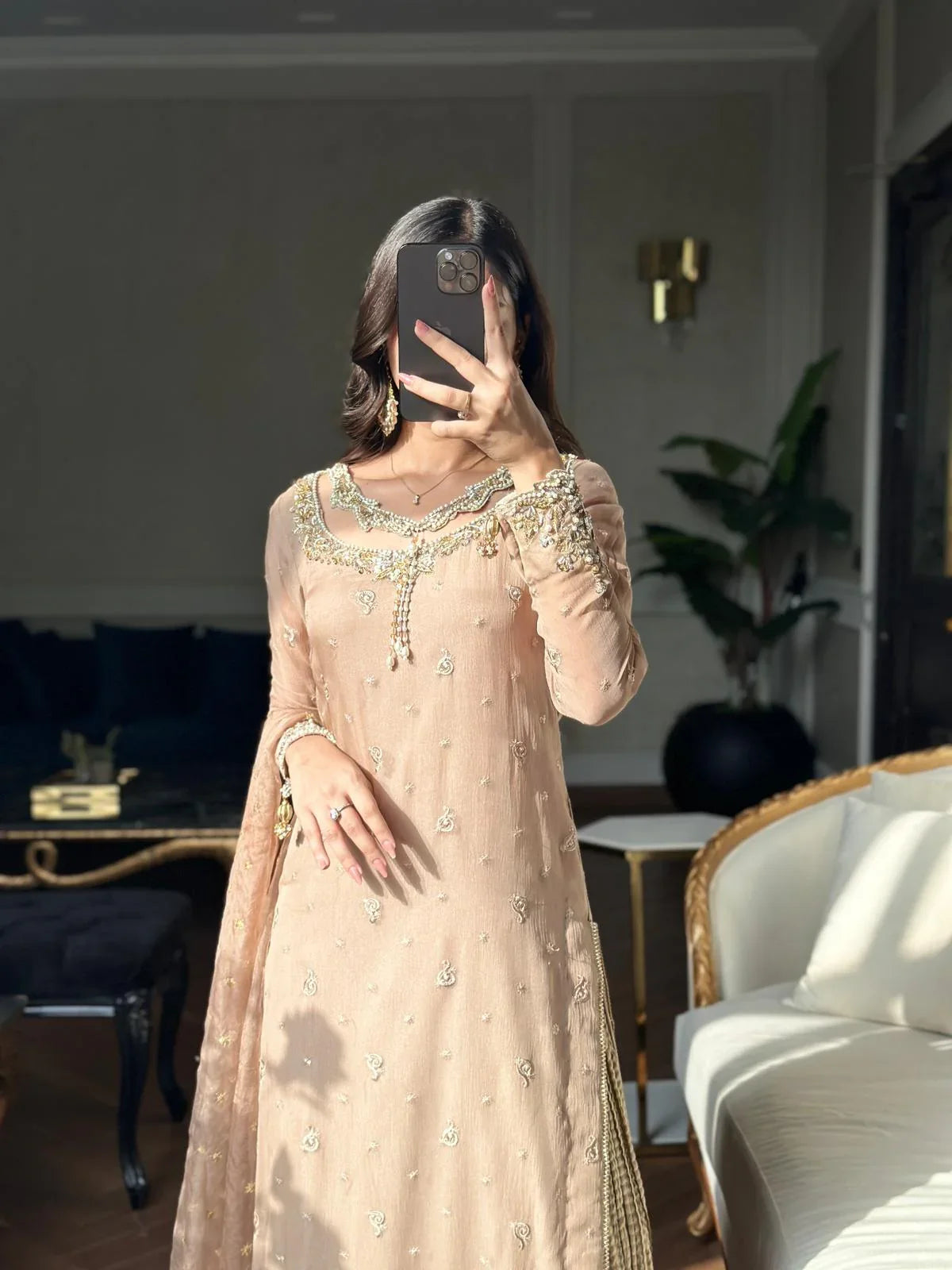Elegant Nude Beige Embellished Net Anarkali Suit with Pleated Gold Skirt