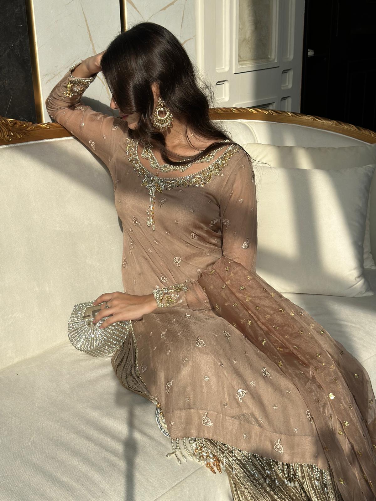 Elegant Nude Beige Embellished Net Anarkali Suit with Pleated Gold Skirt