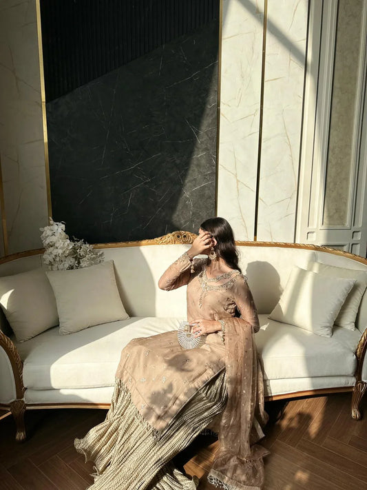 Elegant Nude Beige Embellished Net Anarkali Suit with Pleated Gold Skirt