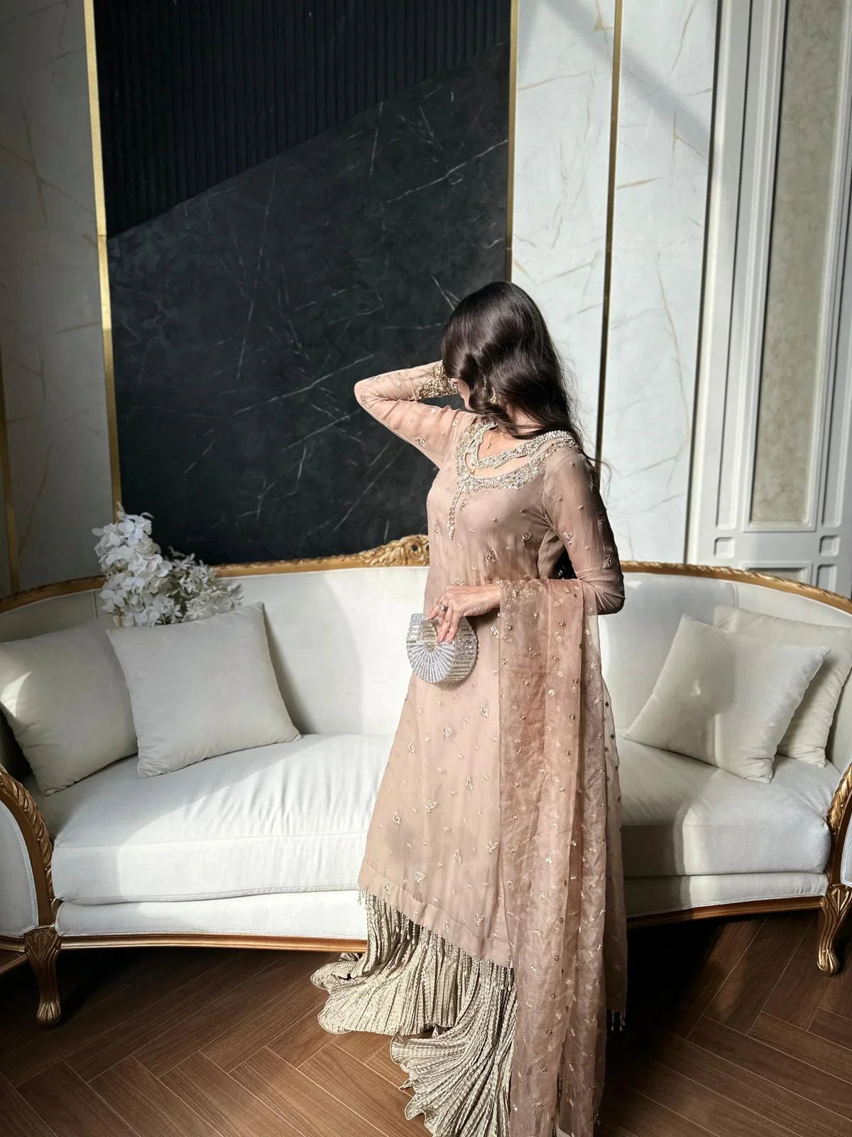 Elegant Nude Beige Embellished Net Anarkali Suit with Pleated Gold Skirt