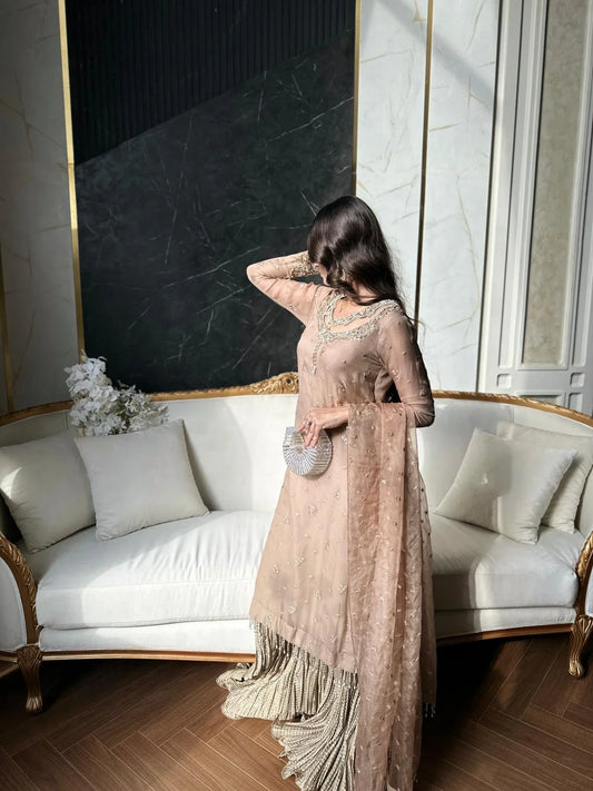 Elegant Nude Beige Embellished Net Anarkali Suit with Pleated Gold Skirt
