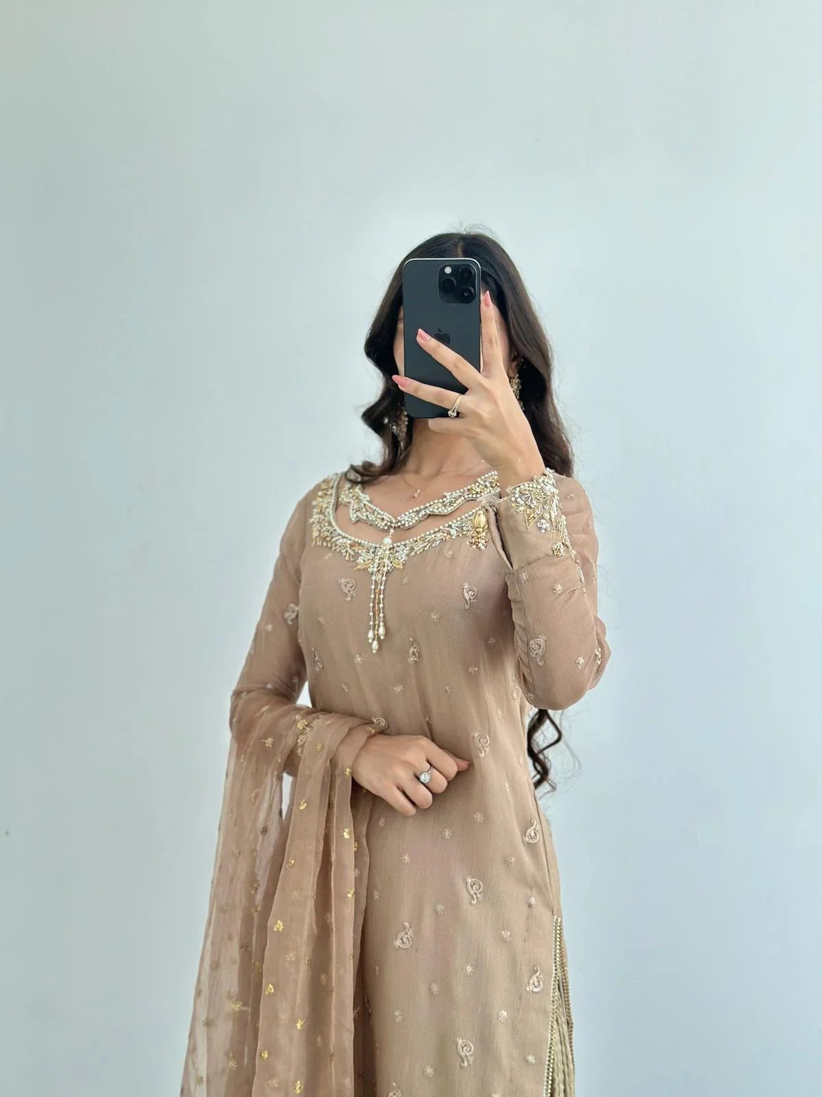 Elegant Nude Beige Embellished Net Anarkali Suit with Pleated Gold Skirt
