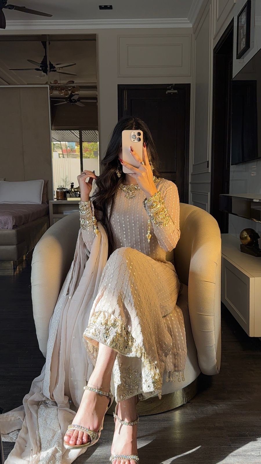 Luxury Nude Chiffon Hand-Embellished Suit – Embroidered Shirt, Trouser & Chiffon Dupatta