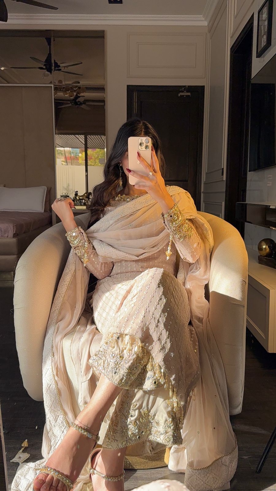 Luxury Nude Chiffon Hand-Embellished Suit – Embroidered Shirt, Trouser & Chiffon Dupatta