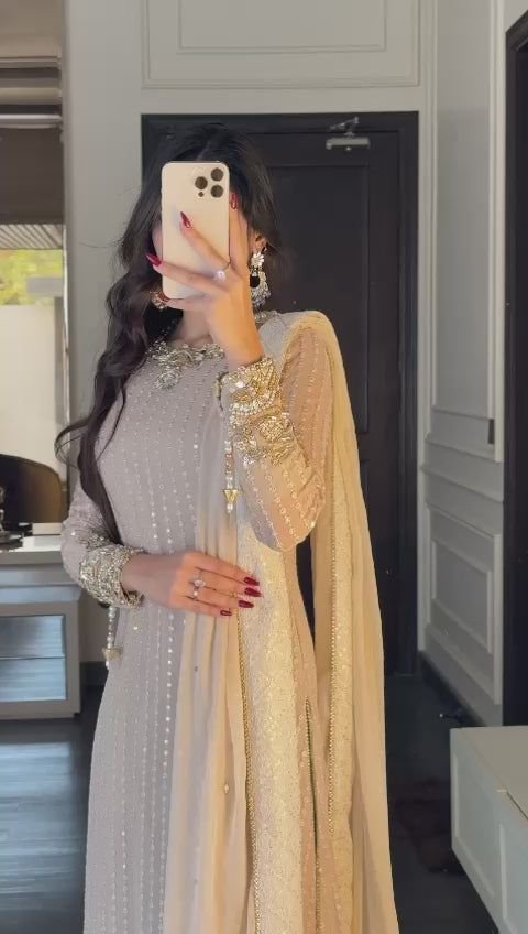 Luxury Nude Chiffon Hand-Embellished Suit – Embroidered Shirt, Trouser & Chiffon Dupatta